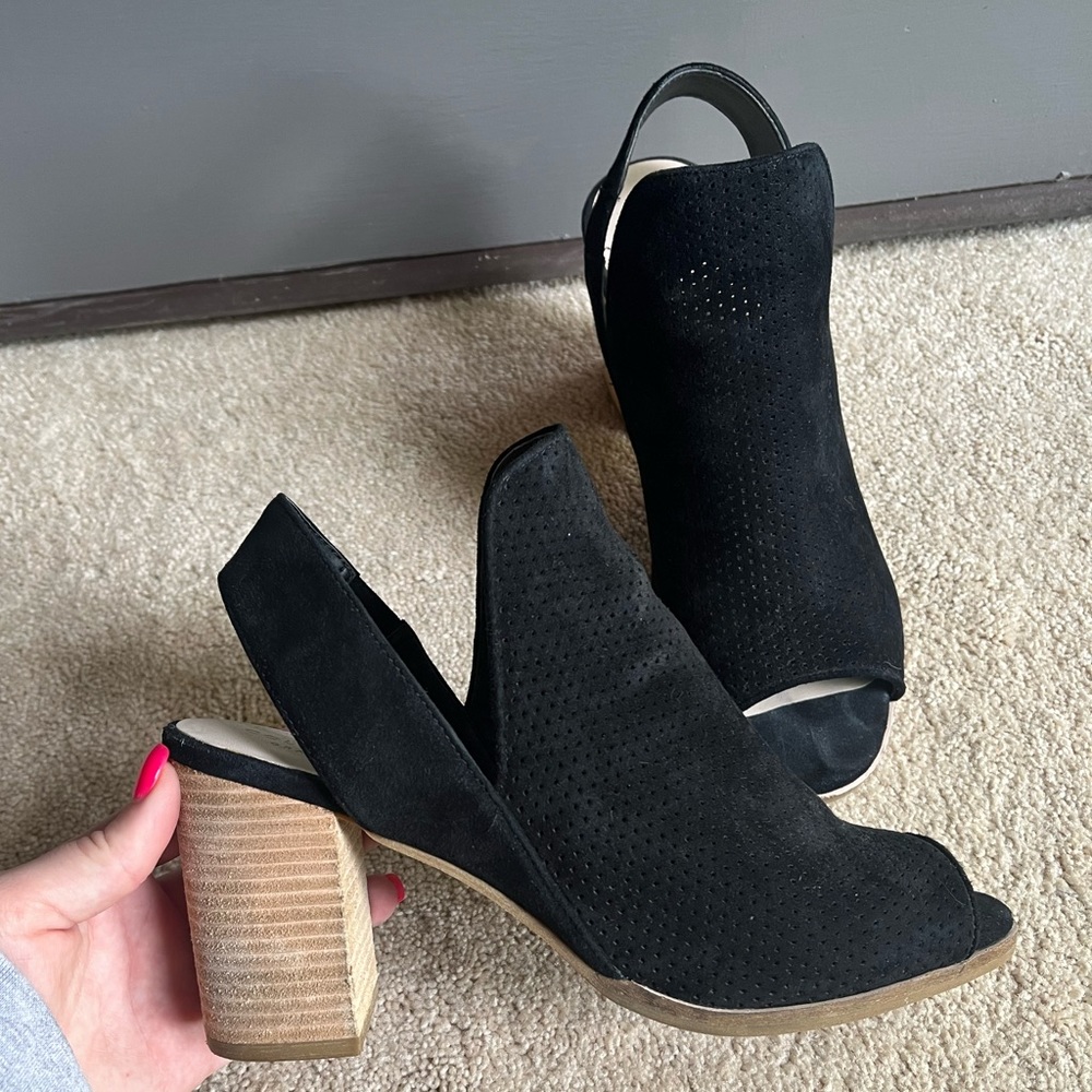 Cole Haan Suede Peep Toe 3” Block Heel‎